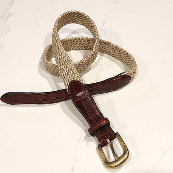 Brighton Tan Woven Web Belt with Croc Embossed Leather and Solid Brass Buckle - Picture 1 of 12
